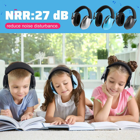 Three kids reading while wearing Six Pack Kids Noise Cancelling Earmuffs 27dB Adjustable For Autism Sensory Toddlers And Children