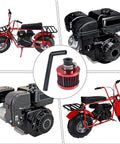 Collage of engines and mini bikes with Red Air Filter Upgrade For 301cc 420cc Mini Bike Go Kart Engines, enhancing performance