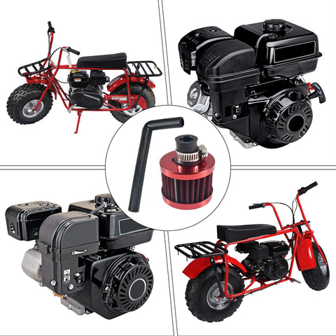 Collage of engines and mini bikes with Red Air Filter Upgrade For 301cc 420cc Mini Bike Go Kart Engines, enhancing performance