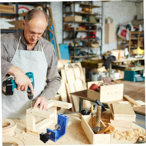 Person using Pocket Hole Jig Kit For Woodworking With Easy Assembly, Dowel Kit And Drill Bit Guide on wooden project.