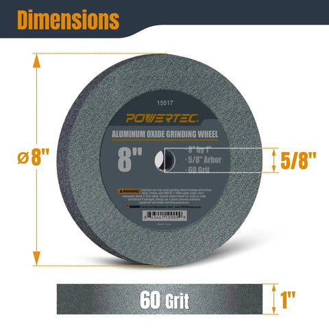 8 Inch Aluminum Oxide Grinding Wheel 60 Grit For Bench Grinder with dimensions and specifications, including 1 inch thick and 5/8 inch arbor