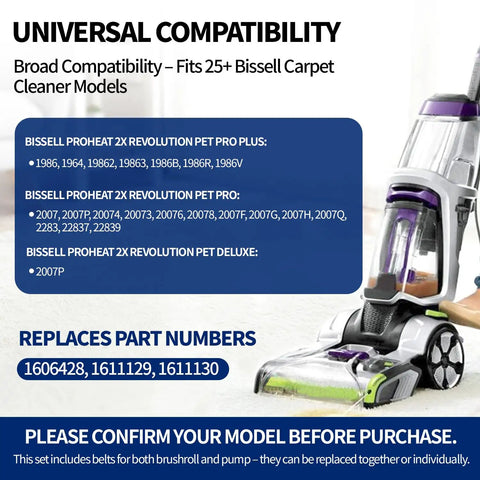 Pro Grade Replacement Belt Kit For Bissell ProHeat 2X Revolution Pet Pro Carpet Cleaner compatibility chart and model list