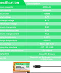 Beefy 3.7V 4000mAh LiPo Battery With USB Charger Cable, specs including nominal voltage, charge rate, JST 1.25 plug visible