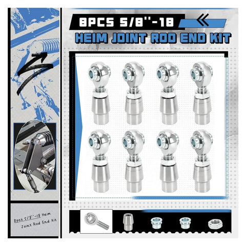 Badass 8 Piece Heim Joint Rod End Kit With Spacers And Tube Adapters 5/8 Inch Chromoly Joints heat treated with sealed grease boots.