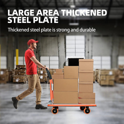 Worker using Heavy Duty Platform Cart 1100 Lb Capacity With 5 Inch 360 Degree Swivel Wheels For Easy Loading And Storage