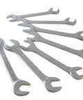Jumbo Metric Angled Wrench Set CR-MO Steel 26mm To 29mm 7 Piece Heavy Duty Wrench Kit laid out on white background