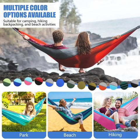 Camping Hammock For All Adventures Heavy Duty Nylon 500 Pound Capacity over scenic ocean view with trees