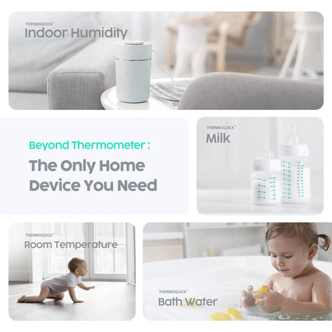 No Touch Forehead Thermometer 3 In 1 For Body Temperature, Room Humidity And Indoor Climate, Fast Infrared Scan In Under 1 Second, Medical-Grade Accuracy For Babies, Kids, And Adults, All-In-One Family Care Tool showing indoor humidity, milk, room temperature, and bath water uses