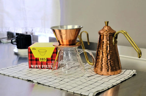 Wave Series KWF-185 Coffee Filters box with dripper and copper kettle on kitchen counter