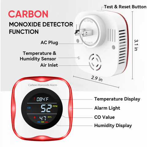Diagram of Plug In Carbon Monoxide Alarm 3-In-1 Detector with real-time temperature and humidity display, audible alarm, dimensions and features.