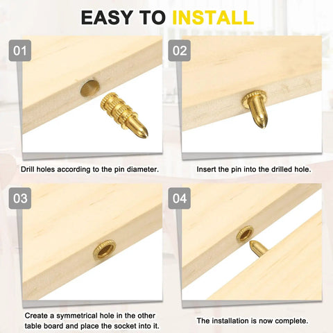 Genuine Brass Table Leaf Dowel Pins 10 Pack Solid Bolt Sleeve Connectors For Furniture Fixes Heavy Duty Alignment Hardware installation steps.