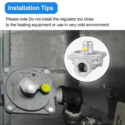 Gas pressure regulator installed on metal gas line with yellow adjustment knob