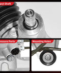 Detailed view of hydraulic power steering rack input shaft, pressure ports, and mounting holes for Honda CR-V 1997-2001 L4 2L.