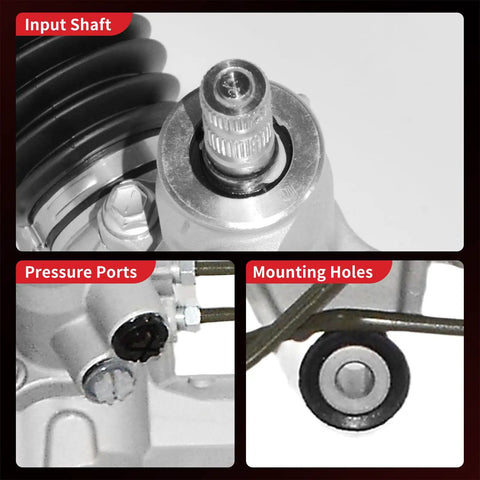 Detailed view of hydraulic power steering rack input shaft, pressure ports, and mounting holes for Honda CR-V 1997-2001 L4 2L.