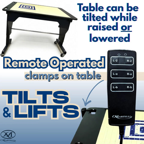 Smooth Electric Height Adjusting Sewing Table With Remote Control And Tilt Top Setup Rock Solid For Standing Or Sit Down Crafters Includes Large Cutting Mat And No Sweat Motorized Lift In Classic Black with remote control and tilt feature.
