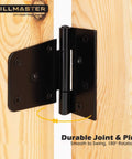 3.5 Inch Heavy Duty Gate Hinges Black Strap Hinges installed on wooden door, showing durable joint and 180° rotation for outdoor use