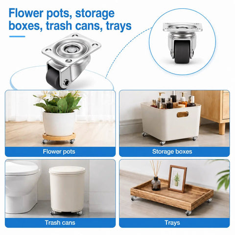 1 Inch Swivel Caster Wheels 8 Pack Mini Furniture Rollers With Self Adhesive Mounts Stainless Steel Nylon Core used under flower pots and storage boxes.