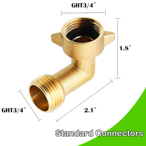 Two Pack Brass 90 Degree Garden Hose Elbow Connectors for Three Quarters Inch Hoses Heavy Duty Hose Adapters with Two Washers