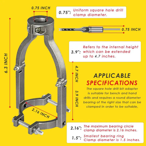 Straight Shooting Square Hole Drill Bit Adapter Mortising Attachment for Drill Press, showing specifications and dimensions.