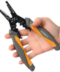 Hand holding Do It All Automatic Self Adjusting Wire Stripper Cutter And Crimper For Electrical Wires From 8 AWG To 30 AWG 8 Inch Handy Multi Tool