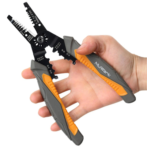 Hand holding Do It All Automatic Self Adjusting Wire Stripper Cutter And Crimper For Electrical Wires From 8 AWG To 30 AWG 8 Inch Handy Multi Tool