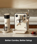 Pro Grade Semi Automatic Espresso Machine With Milk Frother And Steam Wand 15 Bar Pressure 57 Oz Removable Water Tank Dual Display Built For Cafe Quality Cappuccino And Latte At Home Ivory White G3006 on a kitchen counter