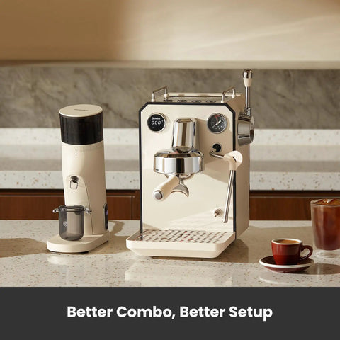 Pro Grade Semi Automatic Espresso Machine With Milk Frother And Steam Wand 15 Bar Pressure 57 Oz Removable Water Tank Dual Display Built For Cafe Quality Cappuccino And Latte At Home Ivory White G3006 on a kitchen counter
