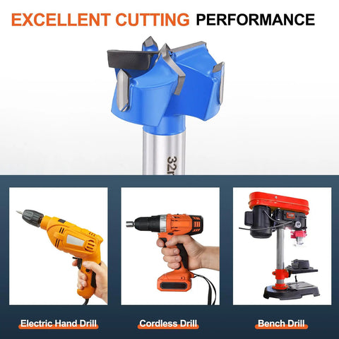 Heavy Duty Forstner Drill Bit 1-1/4 Inch 32 Mm Tungsten Carbide Tips with electric and cordless drills for woodwork.