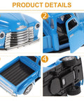 Images of Retro Pickup Truck Model Toy In Metal Sky Blue detailing front grille, open door, truck bed, and undercarriage.
