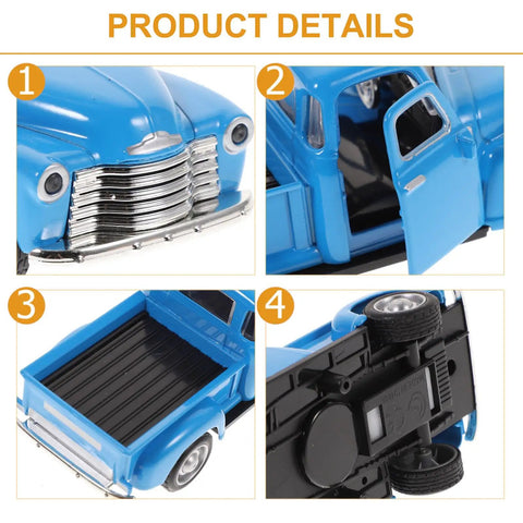 Images of Retro Pickup Truck Model Toy In Metal Sky Blue detailing front grille, open door, truck bed, and undercarriage.