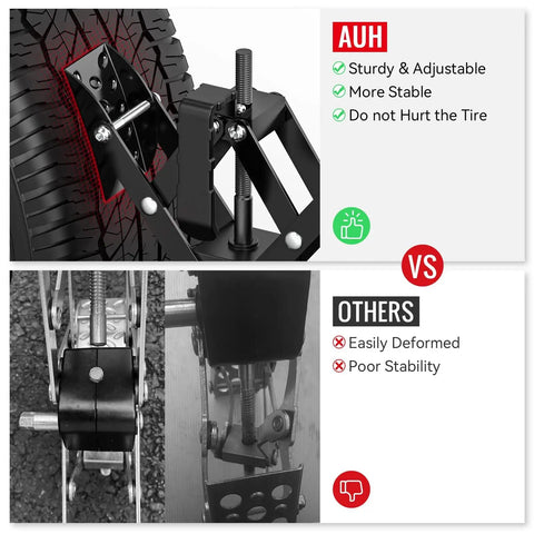 Comparison of Heavy Duty Wheel Chocks Stabilizer For RVs Travel Trailers And Trucks Drill Adjustable 2 Pack Black Dual Axle Camper Wheel Stabilizers For Anti Motion Tires against other stabilizers, showing durability and stability features.