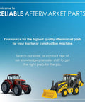 Tractors on display with text about reliable aftermarket parts for construction machines