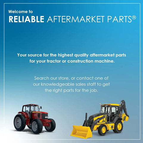 Image showcasing Reliable Aftermarket Parts with a red tractor and yellow backhoe loader on a blue background.