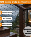 T316 Marine-Grade Stainless Steel cables in a black railing system, showcasing rust and weather-resistant features for decks.