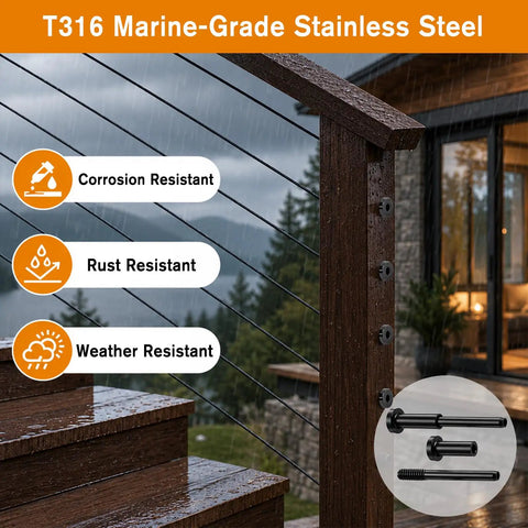 T316 Marine-Grade Stainless Steel cables in a black railing system, showcasing rust and weather-resistant features for decks.