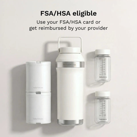 Mama Approved Portable Breast Milk Cooler For On The Go Double Walled Stainless Steel Thermos in white with reusable bottles.