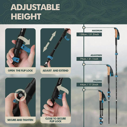 Adjustable height feature of Ultralight Collapsible Trekking Poles For Hiking with flip lock and size measurements.