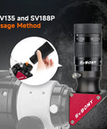 Hand using SV135 Zoom Eyepiece for 1.25 Inch Telescopes with 7 to 21mm adjustable focal length and dielectric mirror focus.