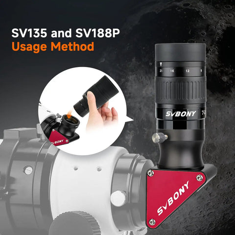 Hand using SV135 Zoom Eyepiece for 1.25 Inch Telescopes with 7 to 21mm adjustable focal length and dielectric mirror focus.
