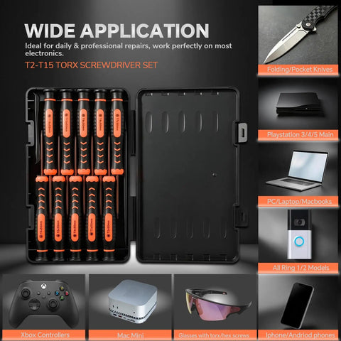 All-In-One Newfix 10 Piece Torx Screwdriver Set With Case For Apple Macbook Xbox PS4 Ps5 Computer Knives Ring Doorbell T2 To T15 Star Bits Security Driver Tool Kit, black case