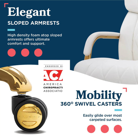 Symphony Ergonomic Bonded Leather Swivel Executive Chair With Generous Lumbar Support, White And Gold Upholstery, armrest and caster detail