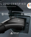 NACS To J1772 EV Charging Adapter For Tesla And All J1772 EVs, 80A 240V, UL 2252 Certified, plugged into car, black.