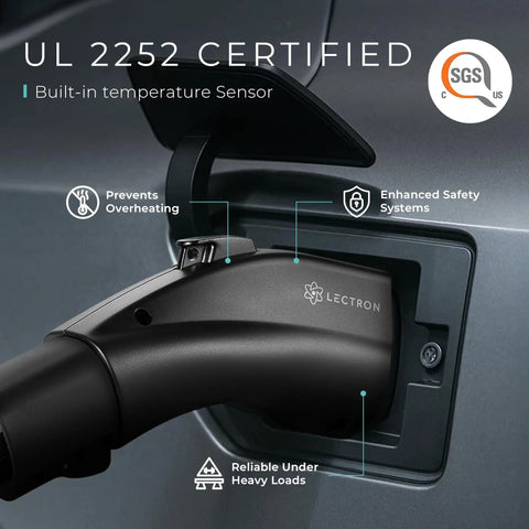 NACS To J1772 EV Charging Adapter For Tesla And All J1772 EVs, 80A 240V, UL 2252 Certified, plugged into car, black.