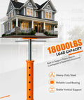 Built To Last Adjustable Screw Floor Jacks 2 Pack With 56 To 100 Inch Range For Crawlspace Support Level Decks And Basements 18000 Lbs Capacity, heavy-duty steel jack supporting a house.