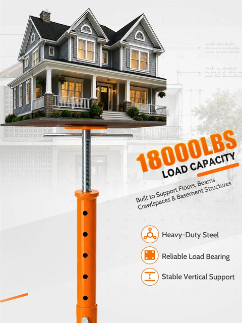 Built To Last Adjustable Screw Floor Jacks 2 Pack With 56 To 100 Inch Range For Crawlspace Support Level Decks And Basements 18000 Lbs Capacity, heavy-duty steel jack supporting a house.