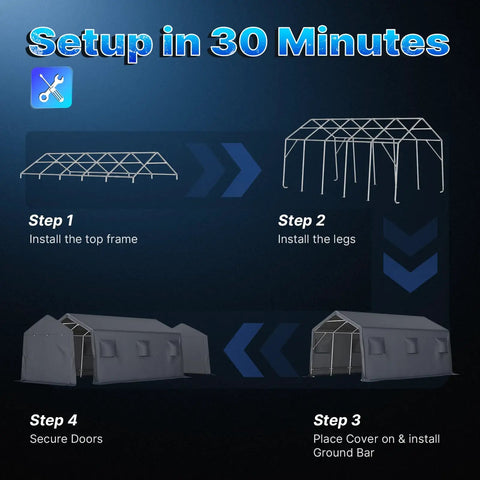 Assembly steps for 13x20 Ft Carport Tent With 2 Roll Up Doors And Vents, All Weather Portable Storage Shelter
