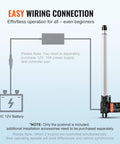 Front view diagram of a 12V linear actuator system with silver actuator, mounting bracket, gray control box.