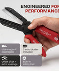 Multi-Cut 401 heavy-duty utility cutter in hand with 4 in steel blade, safety lock, and extra blades; engineered for performance