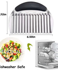 Large stainless steel crinkle cutter with black handle, 6.50-inch potato and vegetable slicer; dishwasher safe.