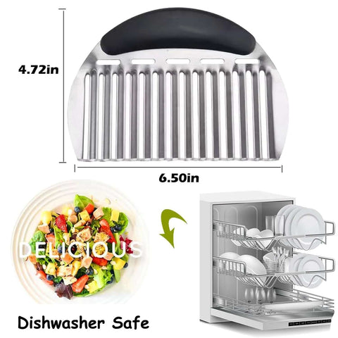 Large stainless steel crinkle cutter with black handle, 6.50-inch potato and vegetable slicer; dishwasher safe.